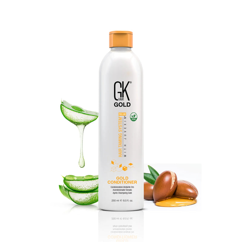 GK Hair Gold Shampoo and Conditioner set: the white 250 ml Gold Conditioner bottle alone, aloe vera and argan nuts alongside