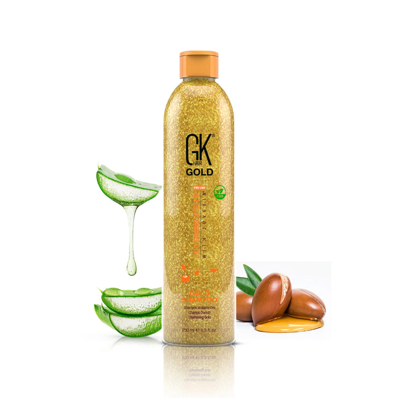 GK Hair Gold Shampoo, 250 ml gold glitter Pro Line bottle with orange cap, aloe vera and argan nuts alongside