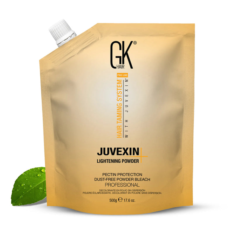 GK Hair Juvexin Lightening Powder+ 500 g gold pouch with a white cap, labeled pectin protection dust-free powder bleach, green leaf beside