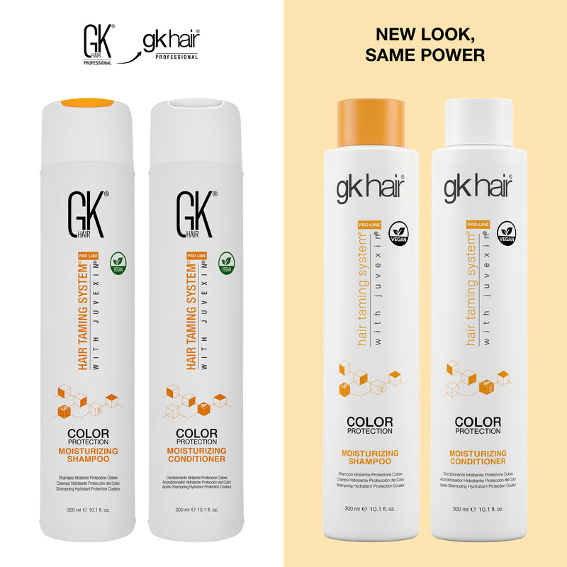 New Look, Same Power: GK Hair Color Protection Moisturizing Shampoo and Conditioner 300 ml bottles, old GK HAIR pair beside new gkhair