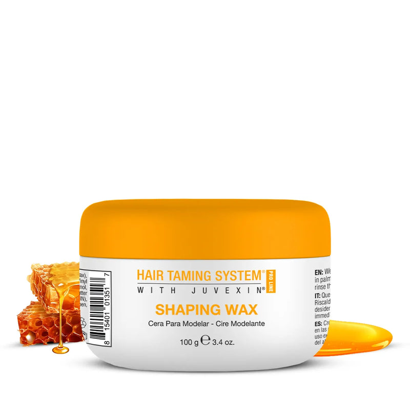 GK Hair Shaping Wax Pro 100 g white jar with an orange lid, front view with honeycomb and dripping honey alongside