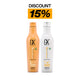GK Hair Shield Duo Deal front view, DISCOUNT 15% banner above the orange Color Protection Shampoo and white Conditioner, both 240 ml
