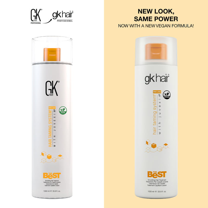New Look, Same Power, Now With a New Vegan Formula: GK Hair The Best 1000 ml bottle, old GK HAIR pack beside the new gkhair pack