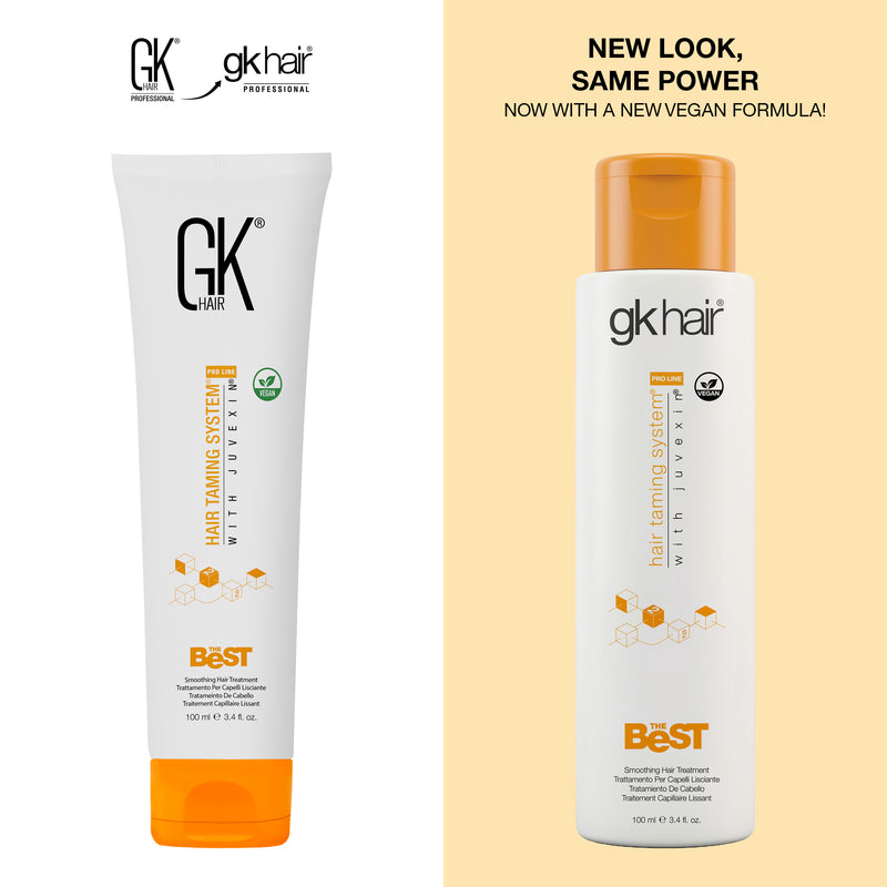 New Look, Same Power, Now With a New Vegan Formula: GK Hair The Best 100 ml, old orange-cap tube beside the new gkhair bottle