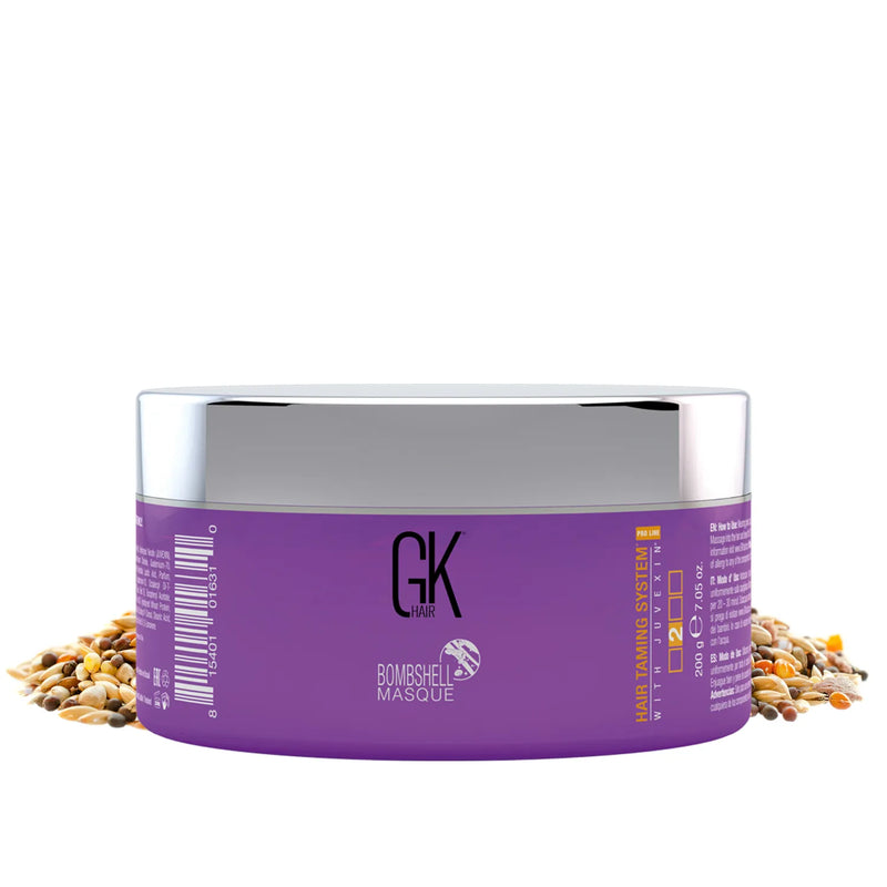 GK Hair Ultra Blonde Bombshell Masque purple 200 g jar, silver lid, front view on white with grains and seeds scattered around it