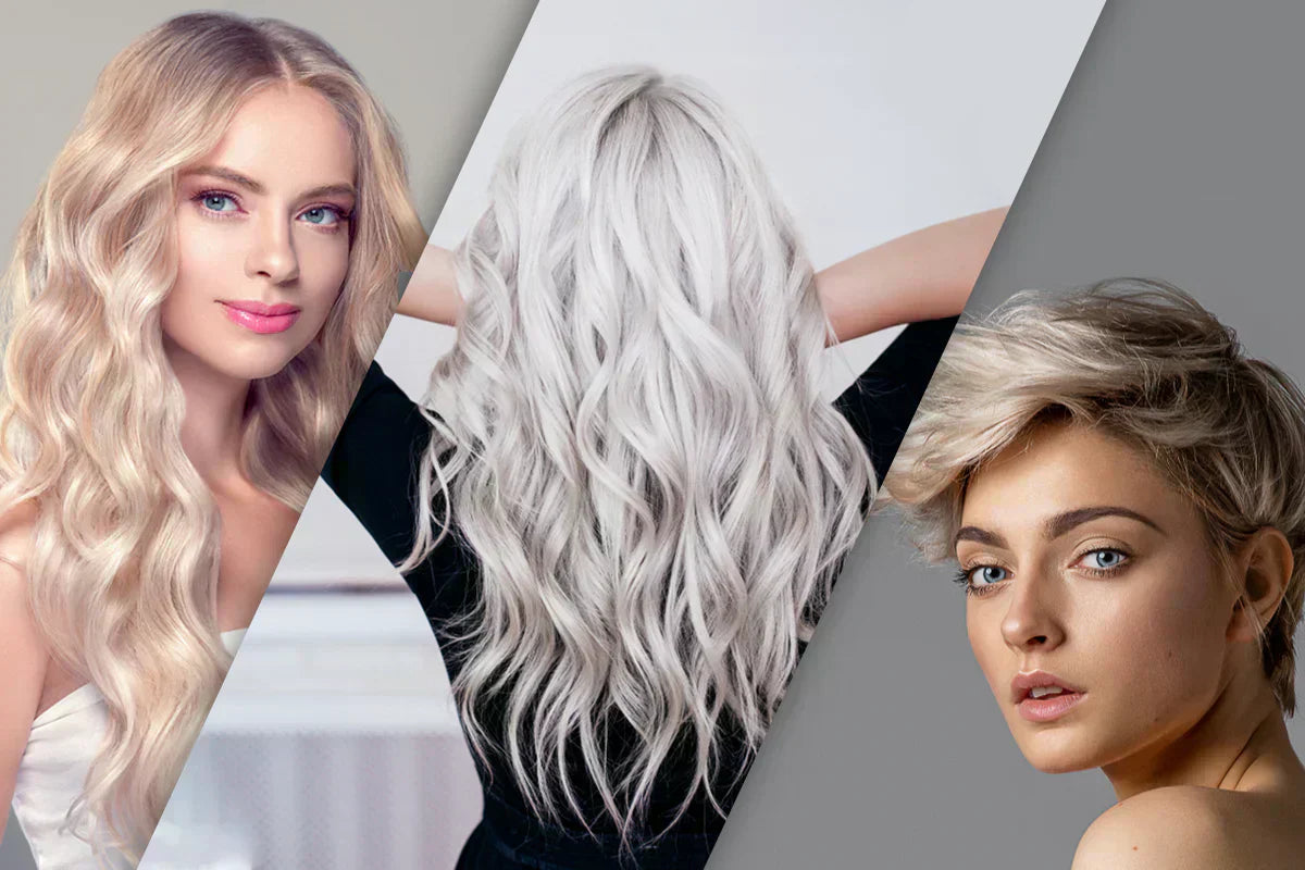 Three women showcase different hairstyles: cascading beach waves, elegant long silver hair, and a chic short cut.