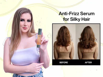 A Lady holding an anti-frizz serum next to a comparison frame of hair before and after use, showcasing smoother, silkier results.