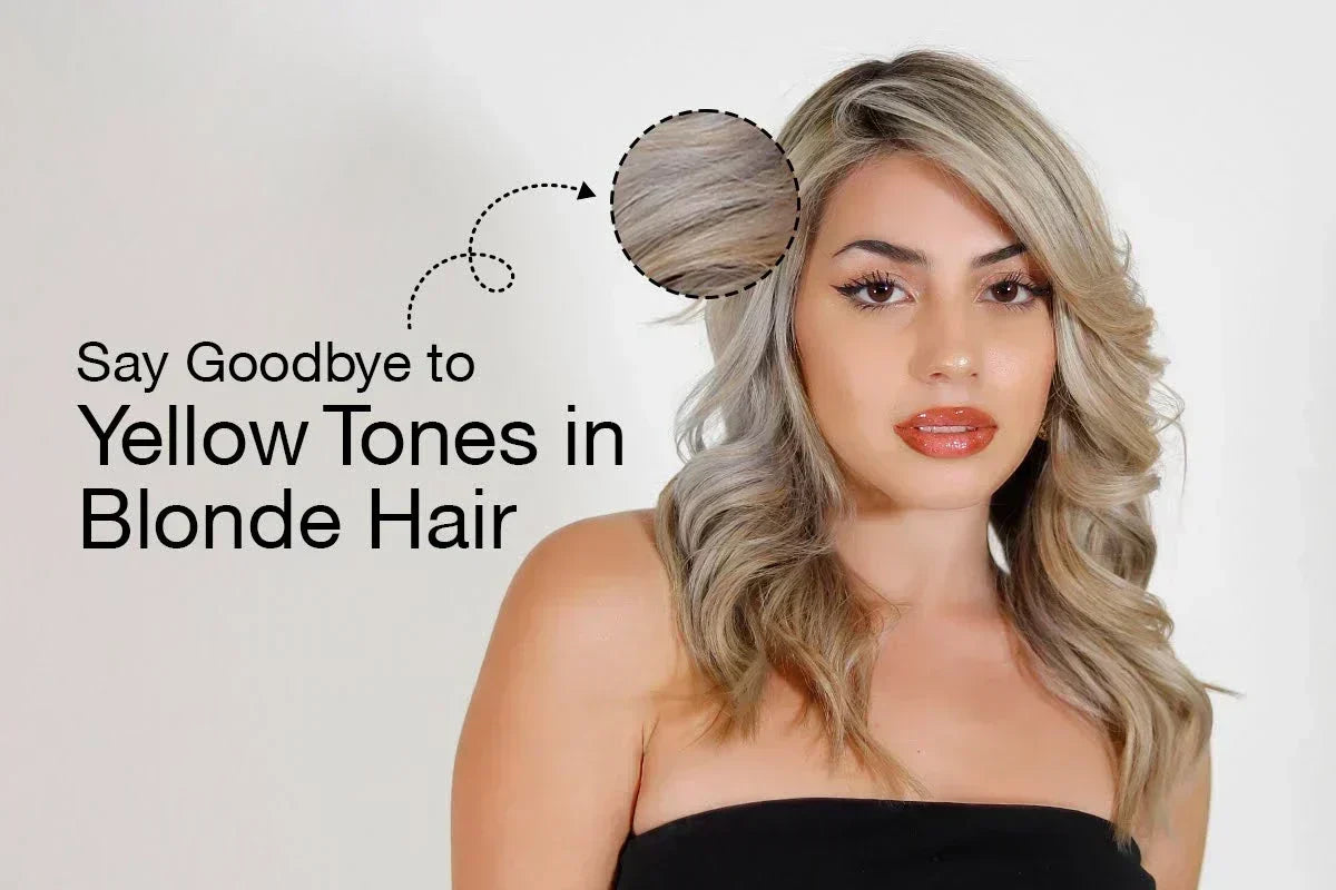 Young woman with wavy, toned blonde hair and glossy lips, wearing a black strapless top. Text reads "Say Goodbye to Yellow Tones in Blonde Hair."