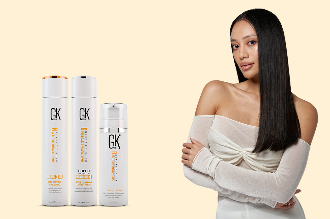 Three GK hair products are displayed beside a model with long, straight hair, wearing a stylish off-shoulder top.