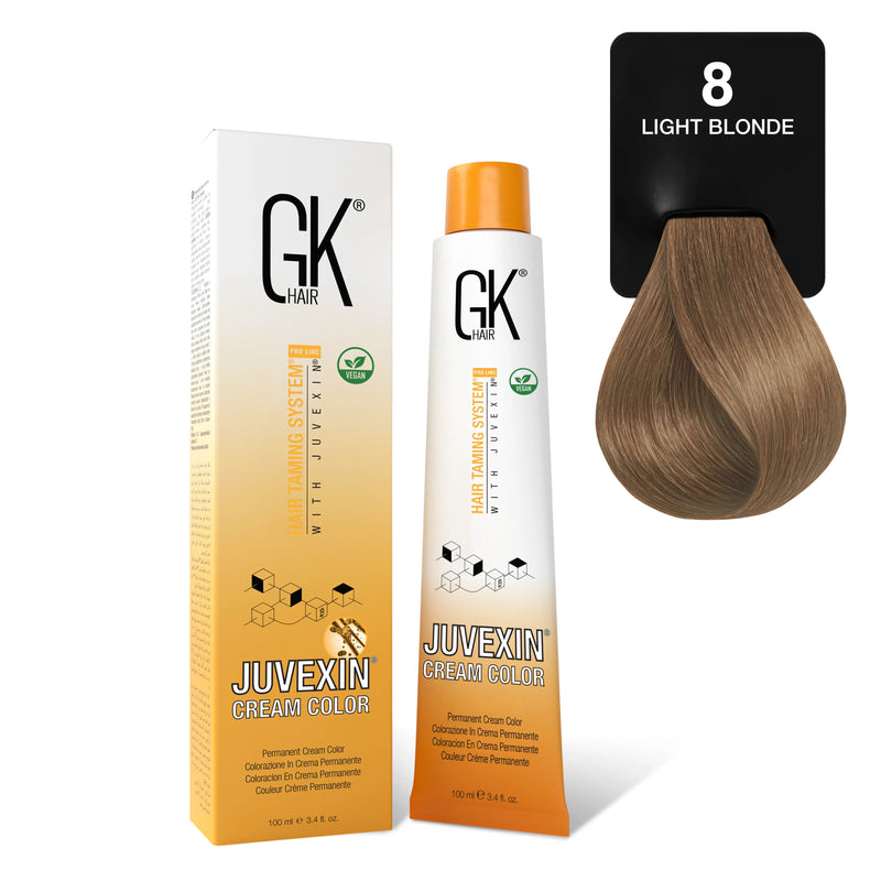GK Hair Juvexin Cream Color 8 Light Blonde carton and 100 ml tube beside a light golden brown blonde hair swatch