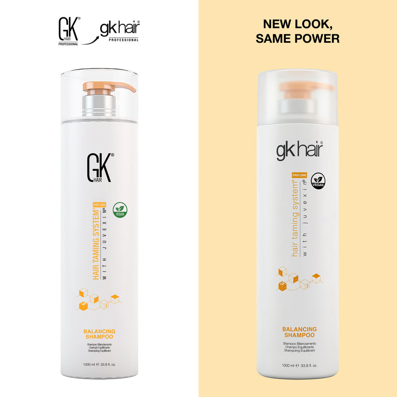 New Look, Same Power: GK Hair Balancing Shampoo 1000 ml pump bottle, old GK HAIR pack beside the new gkhair pack