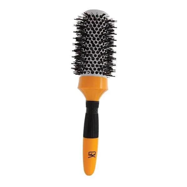 GK Hair Extra Round Hair Brush upright: vented ceramic barrel with black bristles, orange collar and GK-branded handle
