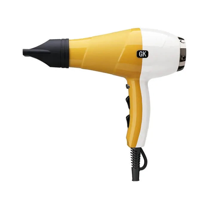 GK Hair Ion Pro Blow Dryer, yellow and white body with a black concentrator nozzle, side view on a white background