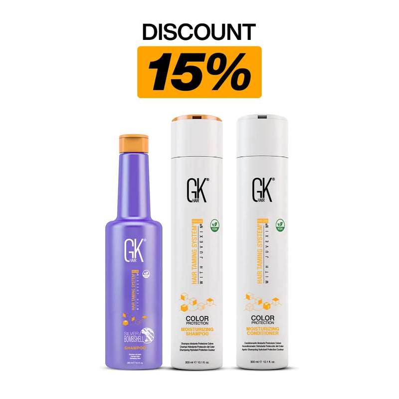 Moisture & Blonde Care Pack: purple Silver Bombshell Shampoo 280 ml, GK Hair Moisturizing Shampoo and Conditioner 300 ml, DISCOUNT 15%