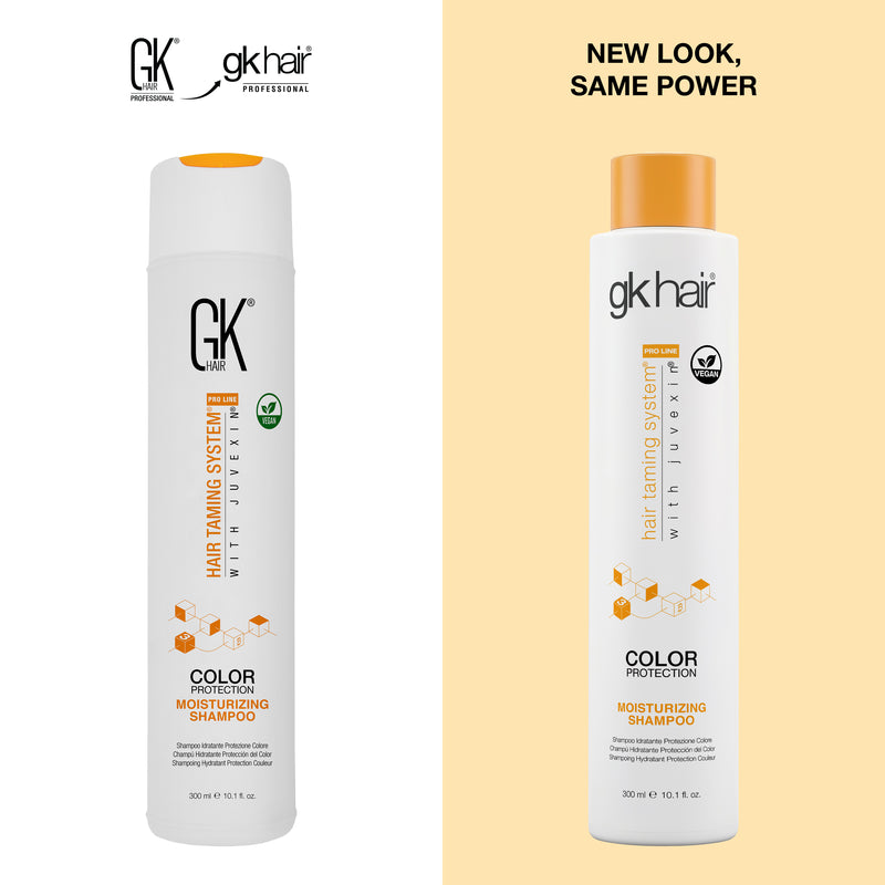 New Look, Same Power: GK Hair Color Protection Moisturizing Shampoo 300 ml bottle, orange cap, old GK HAIR pack beside the new gkhair