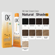 GK Hair Juvexin Cream Color Natural Shades chart: carton and 100 ml tube beside nine swatches, 1 Black through 10 Lightest Platinum Blonde