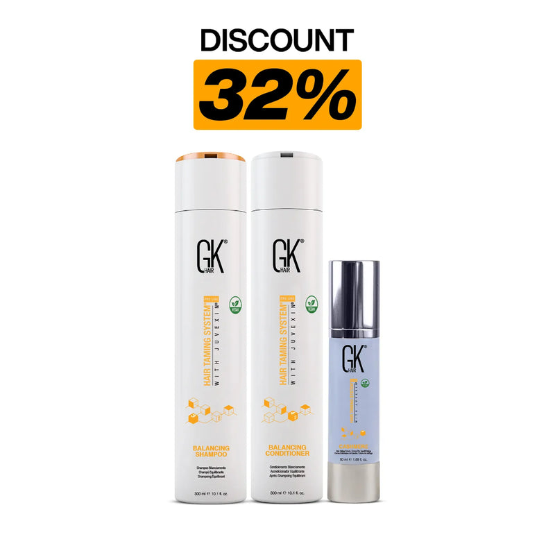 DISCOUNT 32% above GK Hair Balancing Shampoo and Conditioner 300 ml and Cashmere hair styling cream 50 ml on white